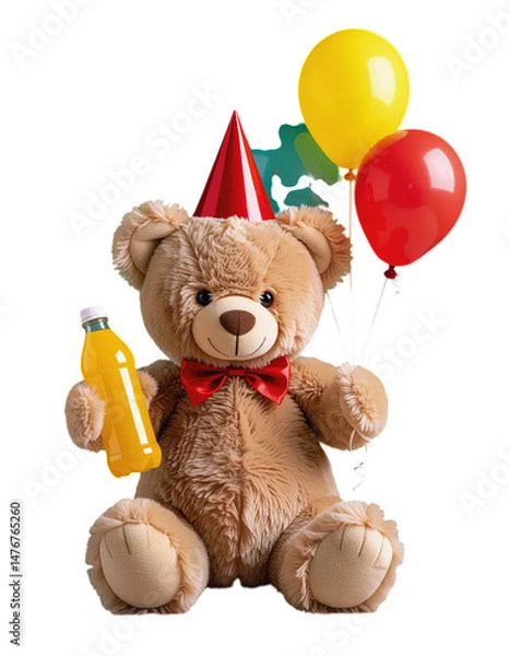 Obraz Party Teddy Bear, with Balloons, Juice, and transparent background.