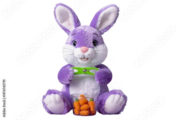 Obraz Purple Plush Bunny, with Candy Carrots, transparent background. Easter.