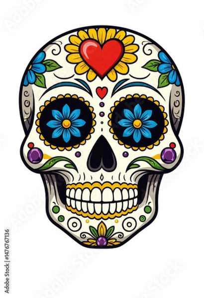 Obraz Sugar Skull, Colorful Flowers, Day of the Dead, with Transparent Background.