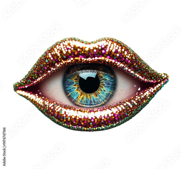 Obraz Surreal Eye in Glitter Lips, transparent background. Vision concept.