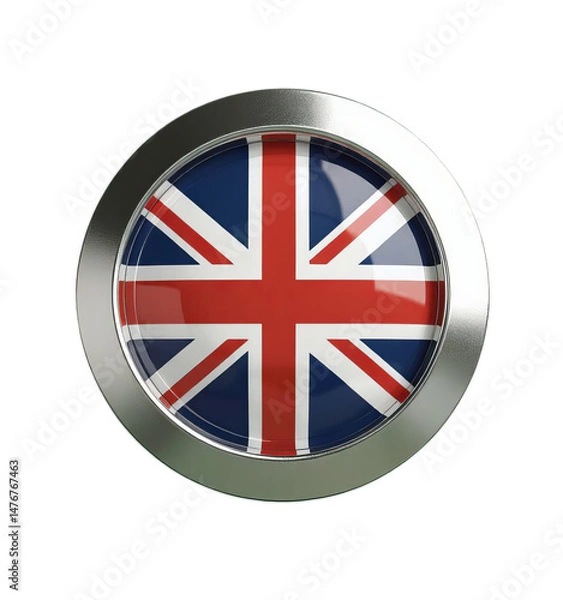 Obraz Union Jack Flag Button, Chrome Frame, with transparent background.