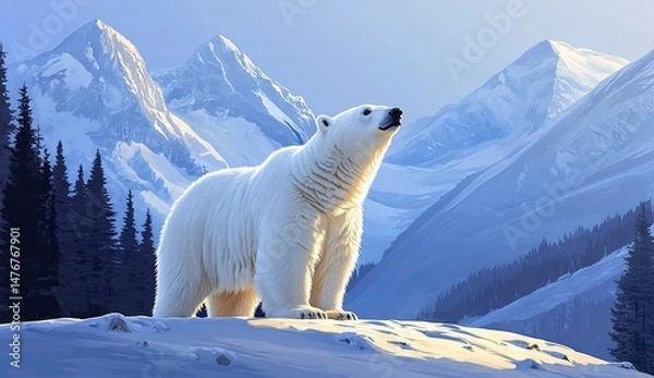 Obraz Majestic polar bear stands on snowy mountain peak, sunlit landscape. Lush pine trees flank the majestic creature, surrounded by towering snow-capped peaks