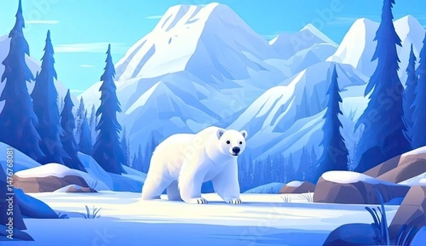 Obraz Polar bear in snowy mountain landscape.  A large white bear strolls across a snow-covered valley, surrounded by towering snowy mountains and evergreen trees. Soft light bathes the scene