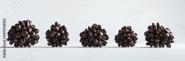 Obraz Clusters of coffee beans.  Four clusters of coffee beans, densely packed, are shown in a row against a white background