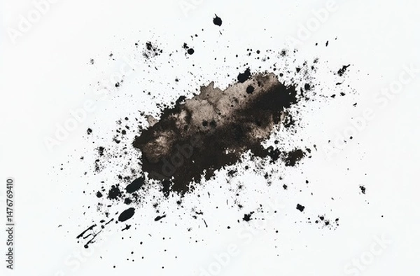 Obraz Dark brown ink splatter on white background.  A textured, irregular blot of dark brown ink, with radiating splatter and drips, against a clean white surface