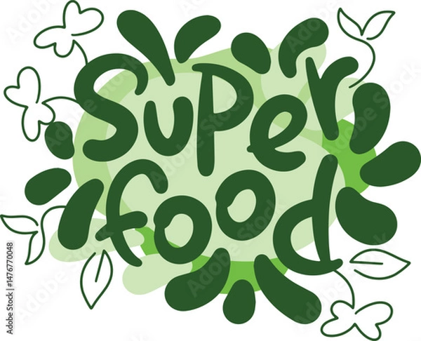 Fototapeta Hand written lettering superfood on light green background, minimalistic elements and decor, herbs, leaves, greenery.