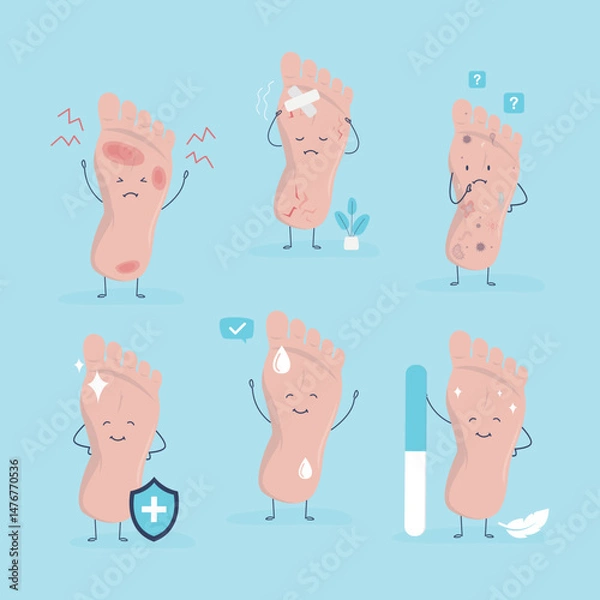 Obraz Set of healthy and sick footstep mascots. Unpleasant smell from bacteria and dirty feet with problem skin. Happy barefoot character.
