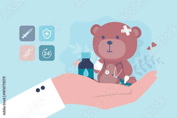 Obraz Doctor hand holding unhealthy teddy bear, animal toy need treatment. Insurance, medical care. Funny bear animal with medical tools - stethoscope, drugs,