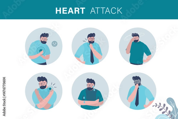 Obraz Male character with heart attack symptoms. Dyspnea, panic attack, chest pain, excessive sweating. Infographic of heart attack symptoms and risk factors