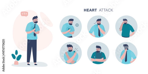 Obraz Male character with heart attack symptoms. Dyspnea, panic attack, chest pain, excessive sweating. Infographic banner of heart attack symptoms and risk factors.