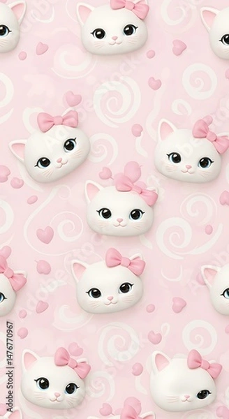 Fototapeta Cute Kitty Pattern: Pink Bow, Hearts Background