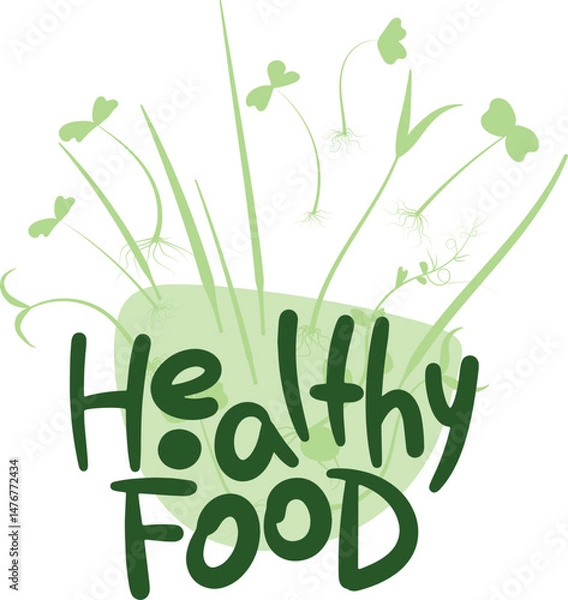 Fototapeta Stylized inscription Healthy Food, surrounded by sprouts of microgreens, on an abstract light green background. Concept of healthy eating and freshness.