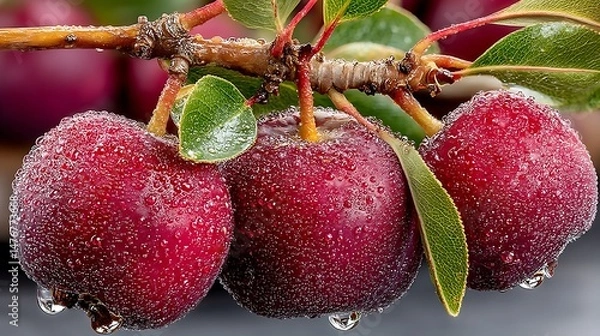 Obraz Close up of fruit and leaves on a branch with drops of water.