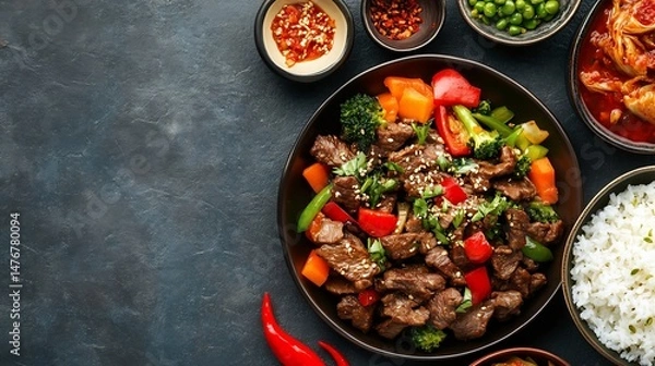 Obraz Korean beef stir fry Bulgogi served rice and kimchi top down view of bulgogi stir fried beef with vegetables served with a bowl of steamed rice and kimchi