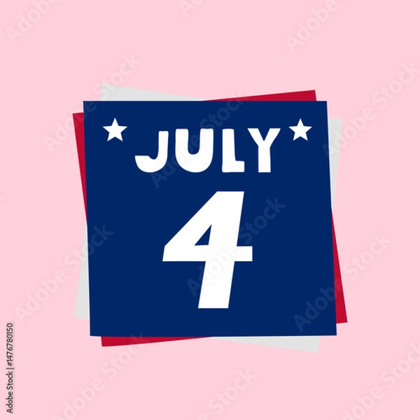 Fototapeta Paper notes. Calendar date - 4th of July. Flat design. Vector illustration on pink background.