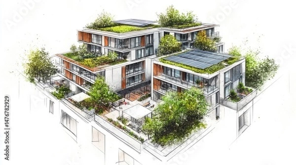 Fototapeta Urban Rooftop Agro-Integration Concept: Technical Drawing with Solar Panels and Green Roof Systems for Sustainable Architecture Proposals