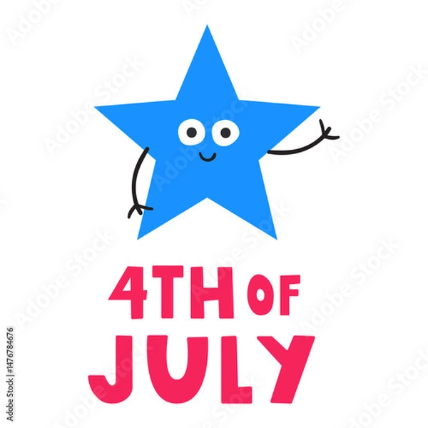 Fototapeta Smiling waving star. 4th of July. Happy independence day. Funny character. Illustration on white background.