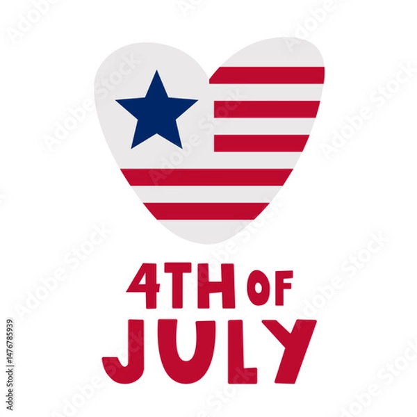 Fototapeta Heart-shaped flag of USA. Inscription - 4th of July. Flat vector design on white background.