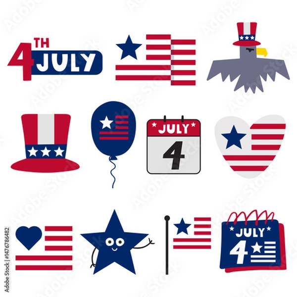 Fototapeta Set of elements for Independence day 4th of July. Isolated icons. Vector hand drawn illustrations on white background.