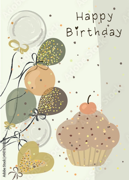 Fototapeta Happy birthday with gold confetti and cupcakes 4