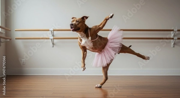 Fototapeta A brown and white pit bull dog gracefully dancing ballet with a tutu in a studio.