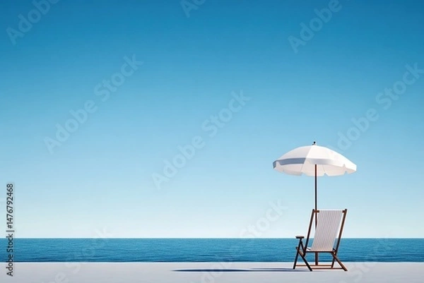 Fototapeta simple white beach umbrella and lounge chair, with a clear blue sky and a calm sea in the background,  tranquility and relaxation during summer vacation, space for text or advertising content, banner