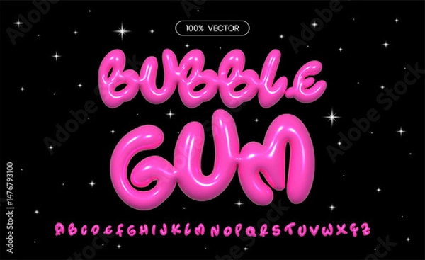 Fototapeta Glossy playful bubble 3D pink font in Y2K style. Inflated 3D bubble alphabet. Trendy English type. Realistic vector illustration