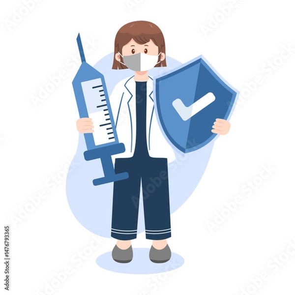 Obraz Female doctor with syringe and shield, symbolizing vaccine protection and healthcare.