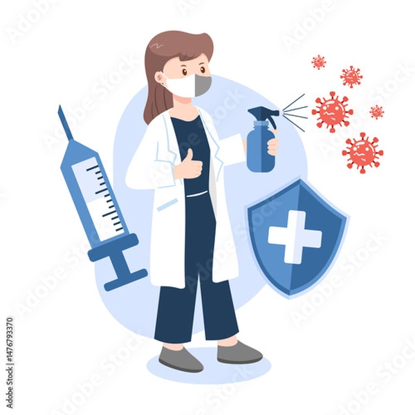 Obraz Female healthcare worker using sanitizer, with vaccine syringe and protective shield against viruses.