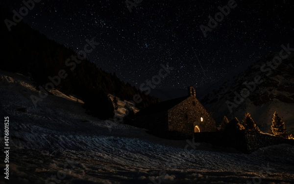 Obraz Panoramic night view of the starry sky, Milky Way, and an illuminated stone building on the snow in the foreground.