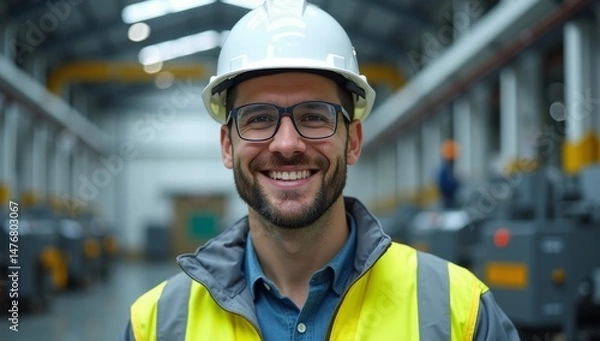 Fototapeta Portrait of Smiling Professional Heavy Industry Engineer / Worker Wearing Safety Uniform, Goggles and Hard Hat. In the Background Unfocused Large Industrial Factory where Welding Sparks Flying
