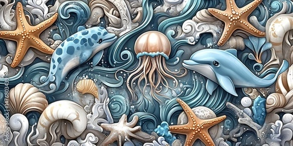 Fototapeta Ocean Life Seashells Starfish Dolphins  Jellyfish Image Background Wallpaper