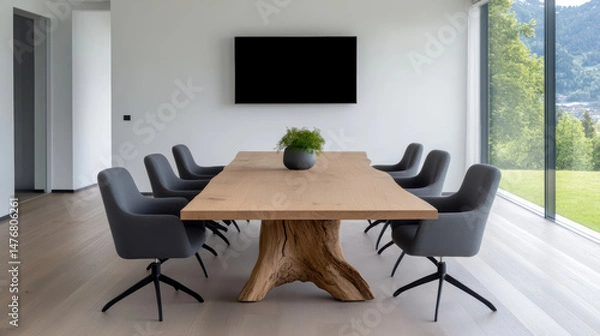 Obraz Modern conference room with large wooden table and stylish chairs, featuring scenic view