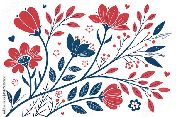 Fototapeta 134 floral pattern, hearts, red flowers, blue flowers, botanical, abstract, colorful, dynamic layout, intricate, detailed