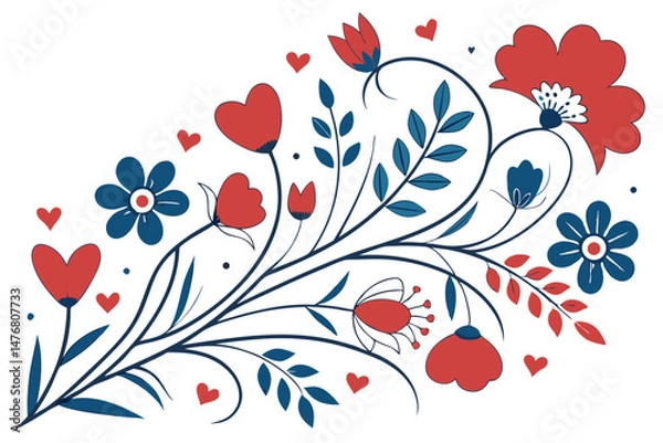 Fototapeta 134 floral pattern, hearts, red flowers, blue flowers, botanical, abstract, colorful, dynamic layout, intricate, detailed