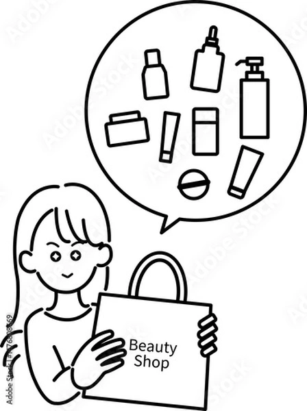 Fototapeta 化粧品をまとめ買いする女性のイラスト　線画のみ