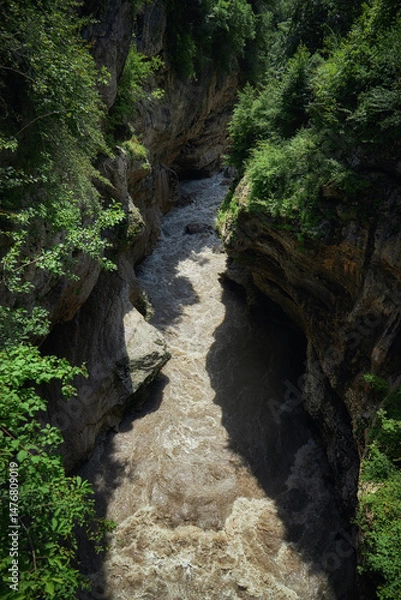 Obraz Wide river rushes through a steep, rocky gorge, flanked by vibrant green foliage, under bright sunlight. The natural beauty captivates with its untamed landscape