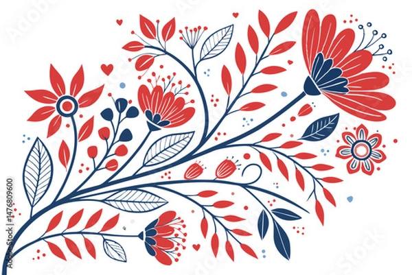 Obraz 134 floral pattern, hearts, red flowers, blue flowers, botanical, abstract, colorful, dynamic layout, intricate, detailed