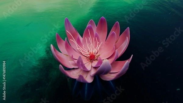 Obraz Vibrant water lily flourishes on the calm surface of a pond, its delicate pink petals opening wide under the gentle light of mid-morning. The serene water enhances its natural charm. 3d render