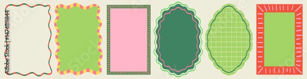 Fototapeta Set of frames with wavy line edges, doodle borders with striped background and curved shapes. Template for invitations, posters, banner, social media decoration.