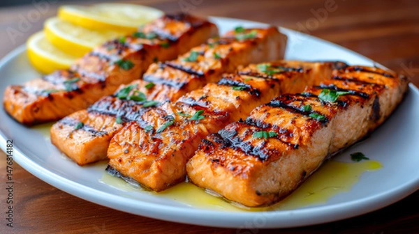 Fototapeta Grilled salmon slices on a plate with a caramelized crust, a drizzle of olive oil and fresh lemon wedges, showing the bright grill marks