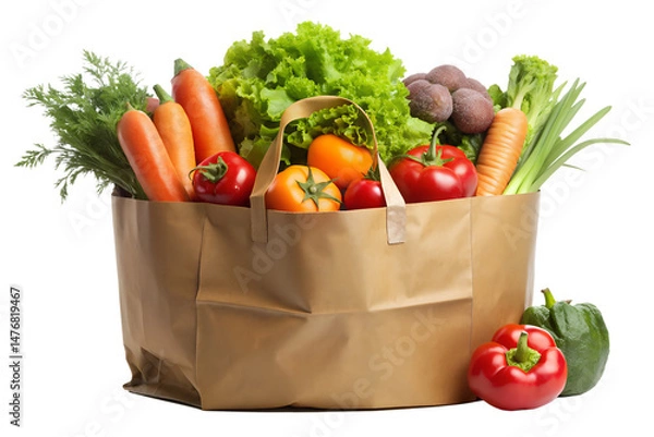 Fototapeta Fresh vegetables in a paper bag healthy eating lifestyle concept, paper bag, vegetables, fresh, healthy, food, groceries, nutrition, organic, diet, vegan, vegetarian, market, produce, carrot, tomato