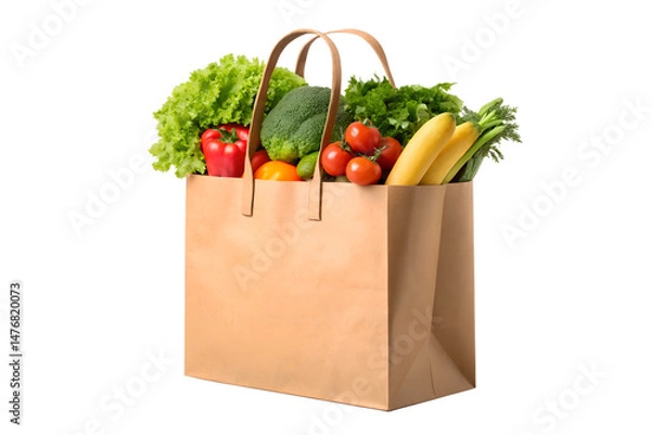 Fototapeta Grocery bag filled with fresh colorful vegetables on a png background, grocery bag, vegetables, fresh, healthy, food, broccoli, lettuce, tomatoes, red pepper, yellow pepper, zucchini, scallions, brown