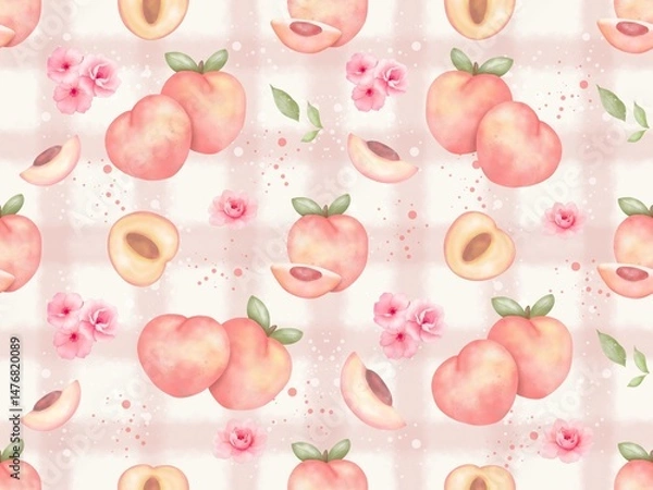 Fototapeta Watercolor, Peach Fruit, Peach Blossom and Peach Slice, Seamless Pattern, Fabric Pattern Style, Soft and Elegant Colors.