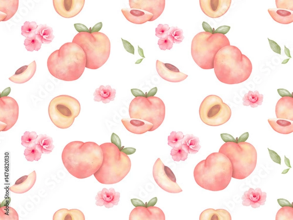 Fototapeta Watercolor, Peach, Peach Blossom and Peach Pieces. Seamless pattern. Fabric pattern style. Soft and elegant colors. Isolated on transparent background.