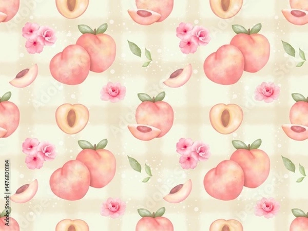 Fototapeta Watercolor, Peach Fruit, Peach Blossom and Peach Slice, Seamless Pattern, Fabric Pattern Style, Soft and Elegant Colors.