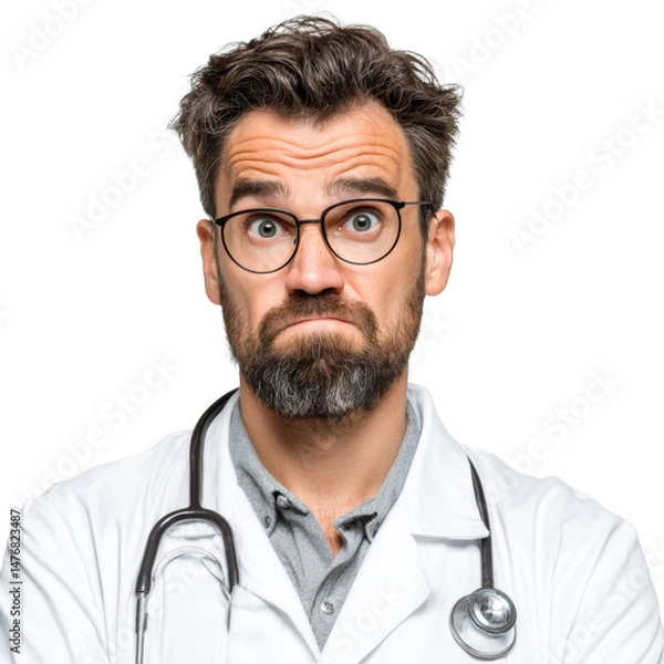 Fototapeta A doctor with a worried expression and glasses poses in a clinical environment, isolated on transparent.