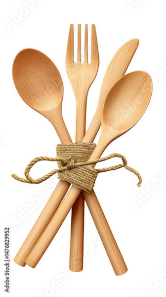 Obraz Four wooden kitchen utensils, including spoons and a fork, are elegantly tied together with twine. This rustic arrangement is perfect for cooking, dining, or kitchen decor