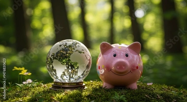 Fototapeta Saving Earth Globe with Piggy Bank on Green Moss Background