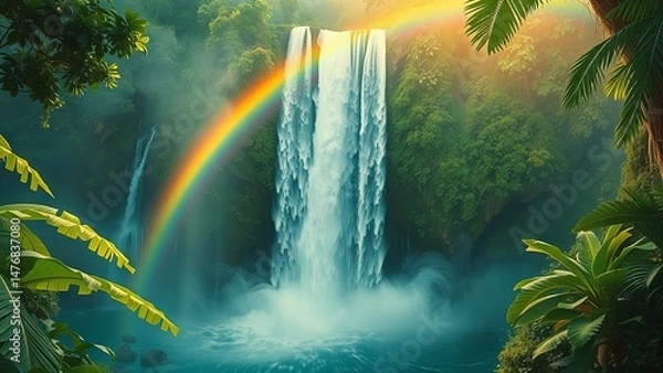Fototapeta Colorful rainbow near majestic waterfall with bubbling water in green jungle